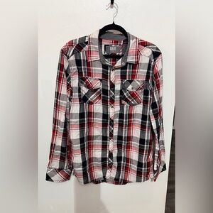 BKE Mens Red and Black Plaid Button Down Shirt Pearl Snaps
